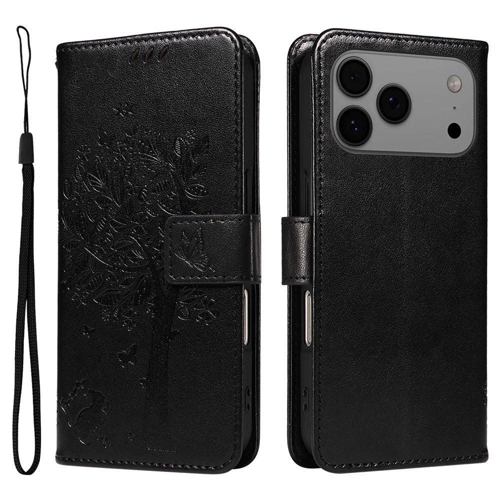 For iPhone 17 Pro Max Phone Case with Stand Cat Tree Pattern Leather Wallet Mobile Cover -  Black