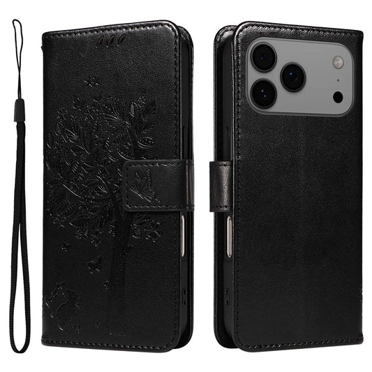 For iPhone 17 Pro Max Phone Case with Stand Cat Tree Pattern Leather Wallet Mobile Cover -  Black