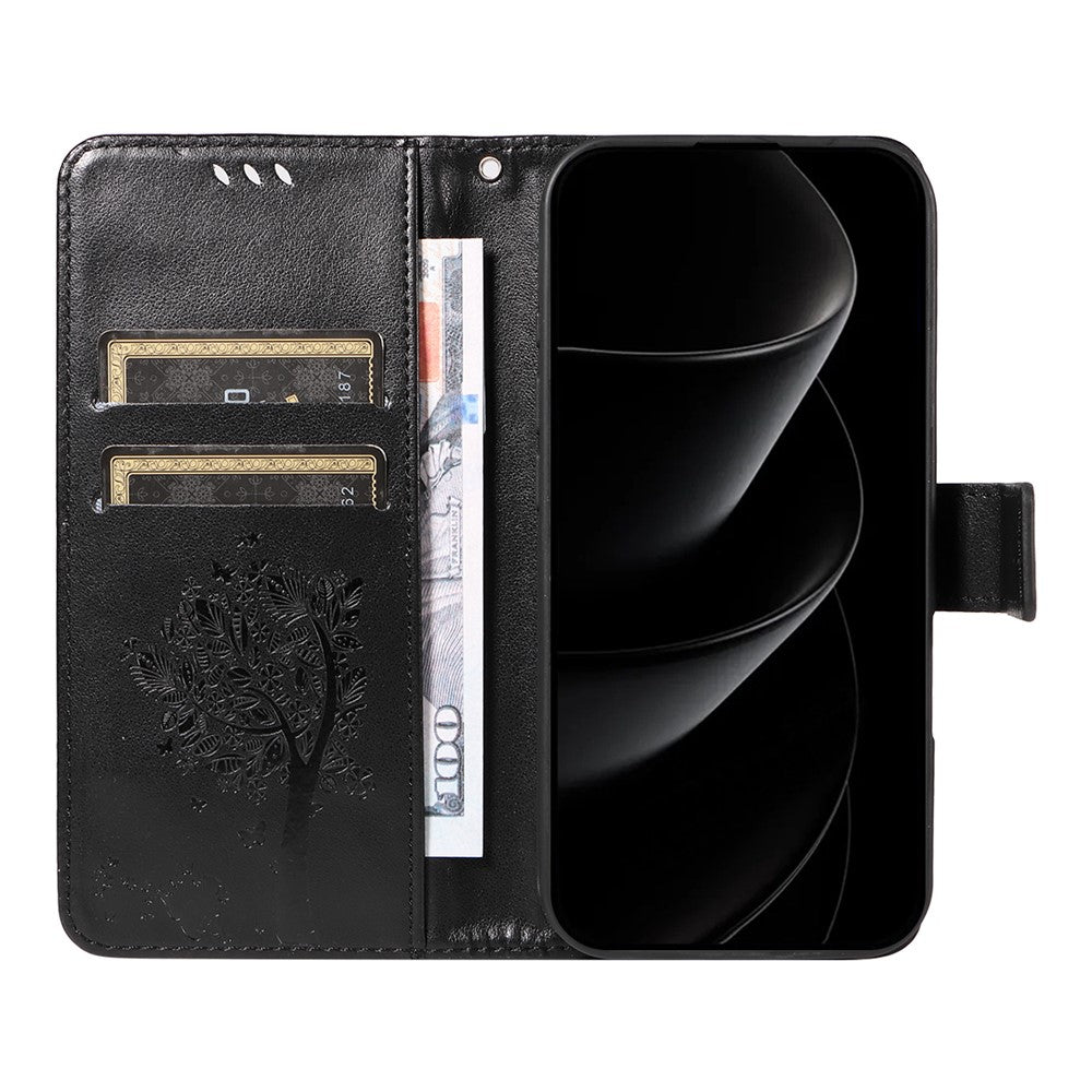 For iPhone 17 Pro Max Phone Case with Stand Cat Tree Pattern Leather Wallet Mobile Cover -  Black