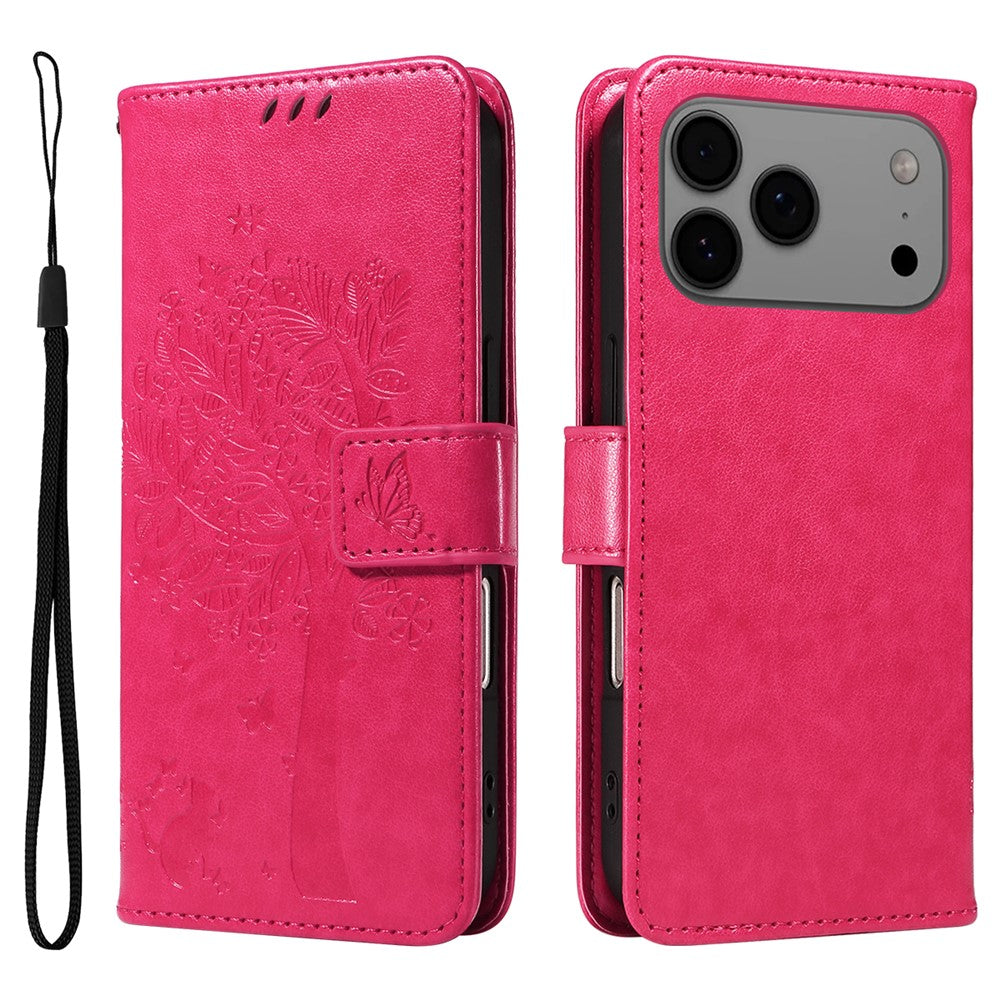 For iPhone 17 Pro Max Phone Case with Stand Cat Tree Pattern Leather Wallet Mobile Cover - Rose