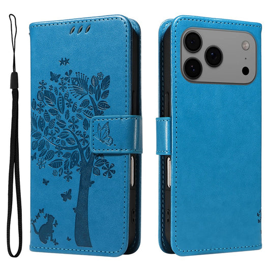 For iPhone 17 Pro Max Phone Case with Stand Cat Tree Pattern Leather Wallet Mobile Cover - Blue