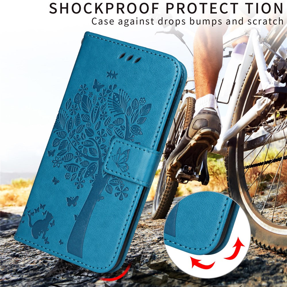 For iPhone 17 Pro Max Phone Case with Stand Cat Tree Pattern Leather Wallet Mobile Cover - Blue