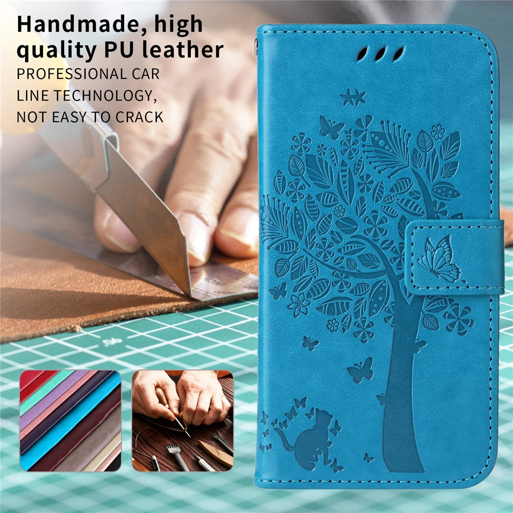 For iPhone 17 Pro Max Phone Case with Stand Cat Tree Pattern Leather Wallet Mobile Cover - Blue