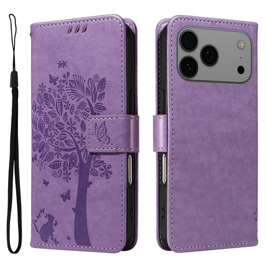 For iPhone 17 Pro Max Phone Case with Stand Cat Tree Pattern Leather Wallet Mobile Cover -  Light Purple