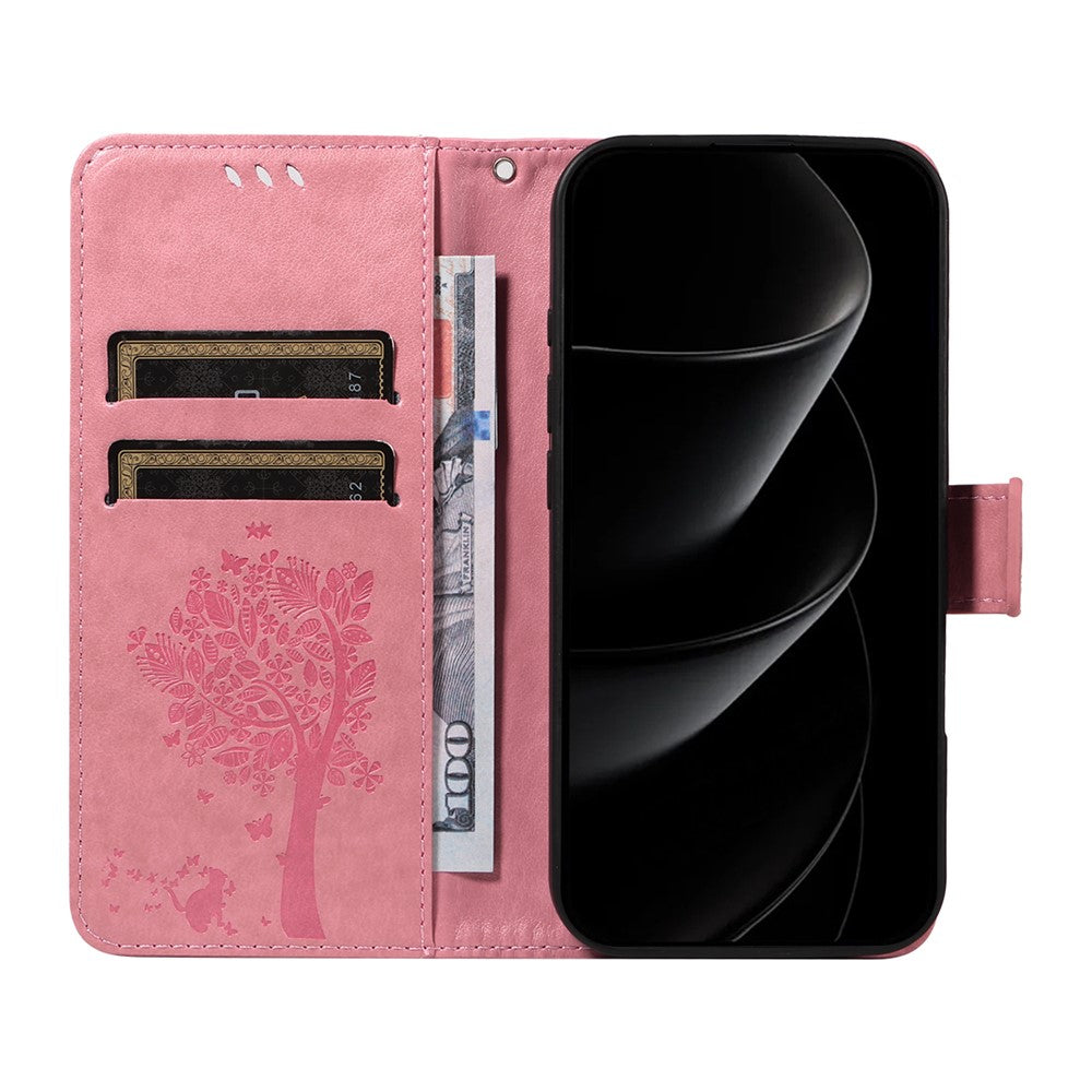 For iPhone 17 Pro Max Phone Case with Stand Cat Tree Pattern Leather Wallet Mobile Cover - Pink