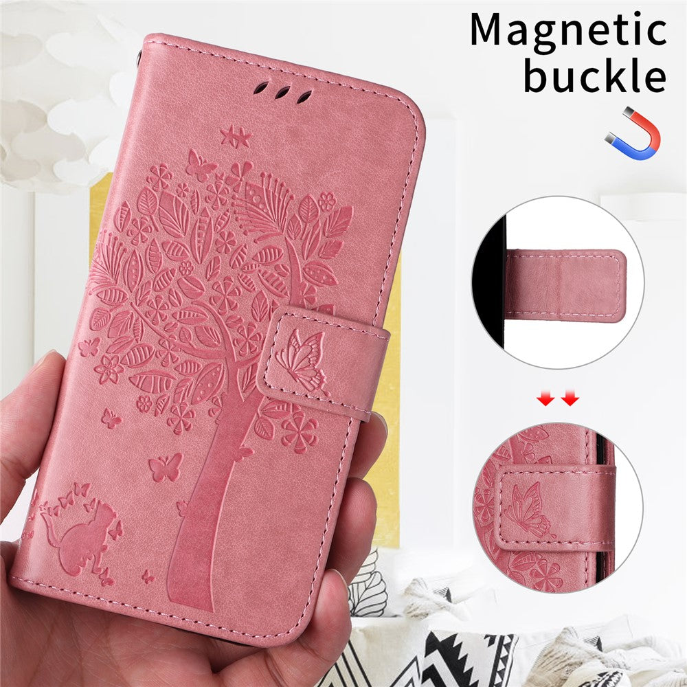For iPhone 17 Pro Max Phone Case with Stand Cat Tree Pattern Leather Wallet Mobile Cover - Pink