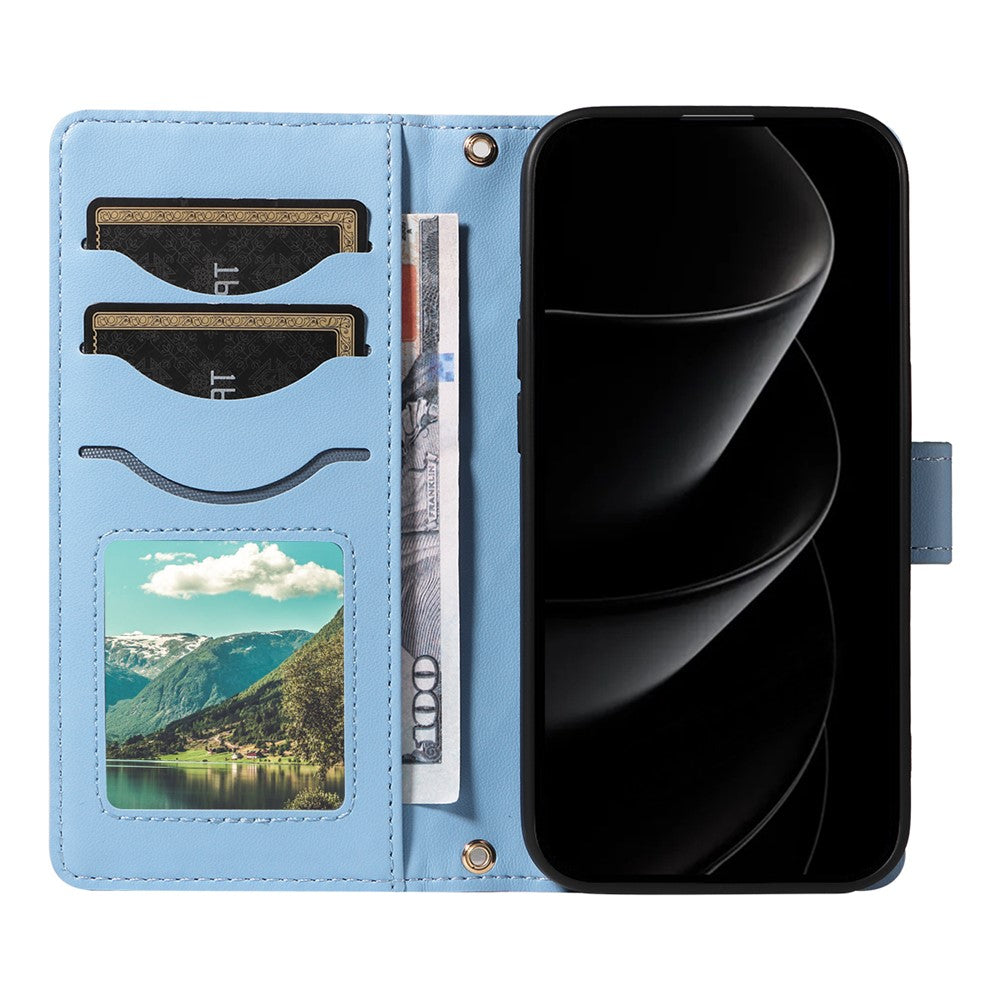 For iPhone 17 Pro Max Wallet Case Rhombus Leather Phone Cover with Strap - Blue