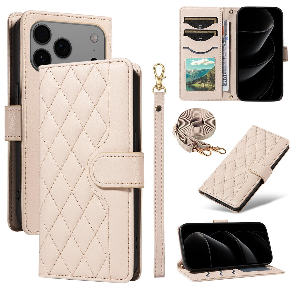 For iPhone 17 Pro Max Wallet Case Rhombus Leather Phone Cover with Strap - Apricot