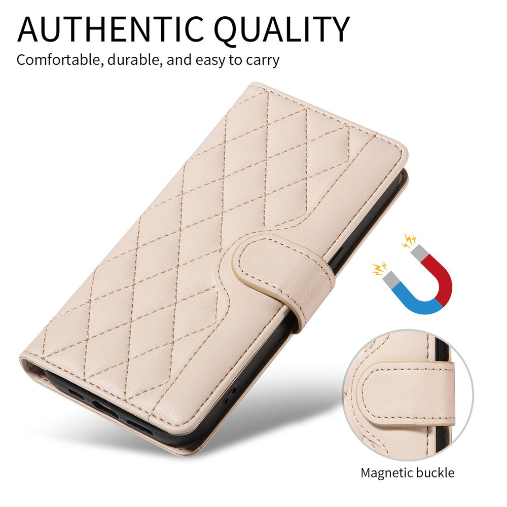 For iPhone 17 Pro Max Wallet Case Rhombus Leather Phone Cover with Strap - Apricot