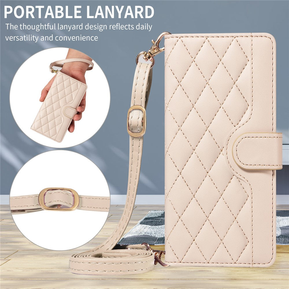 For iPhone 17 Pro Max Wallet Case Rhombus Leather Phone Cover with Strap - Apricot