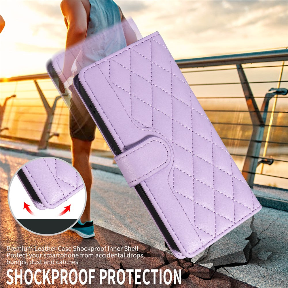 For iPhone 17 Pro Max Wallet Case Rhombus Leather Phone Cover with Strap -  Light Purple