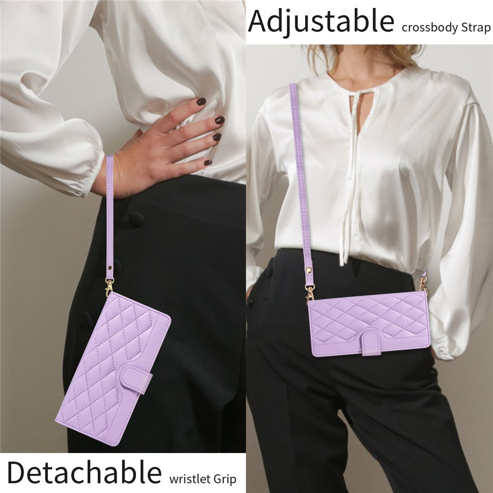 For iPhone 17 Pro Max Wallet Case Rhombus Leather Phone Cover with Strap -  Light Purple