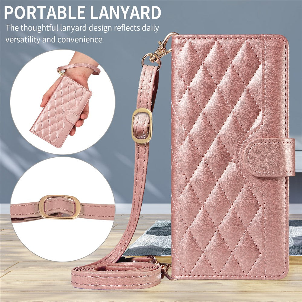 For iPhone 17 Pro Max Wallet Case Rhombus Leather Phone Cover with Strap -  Rose Gold