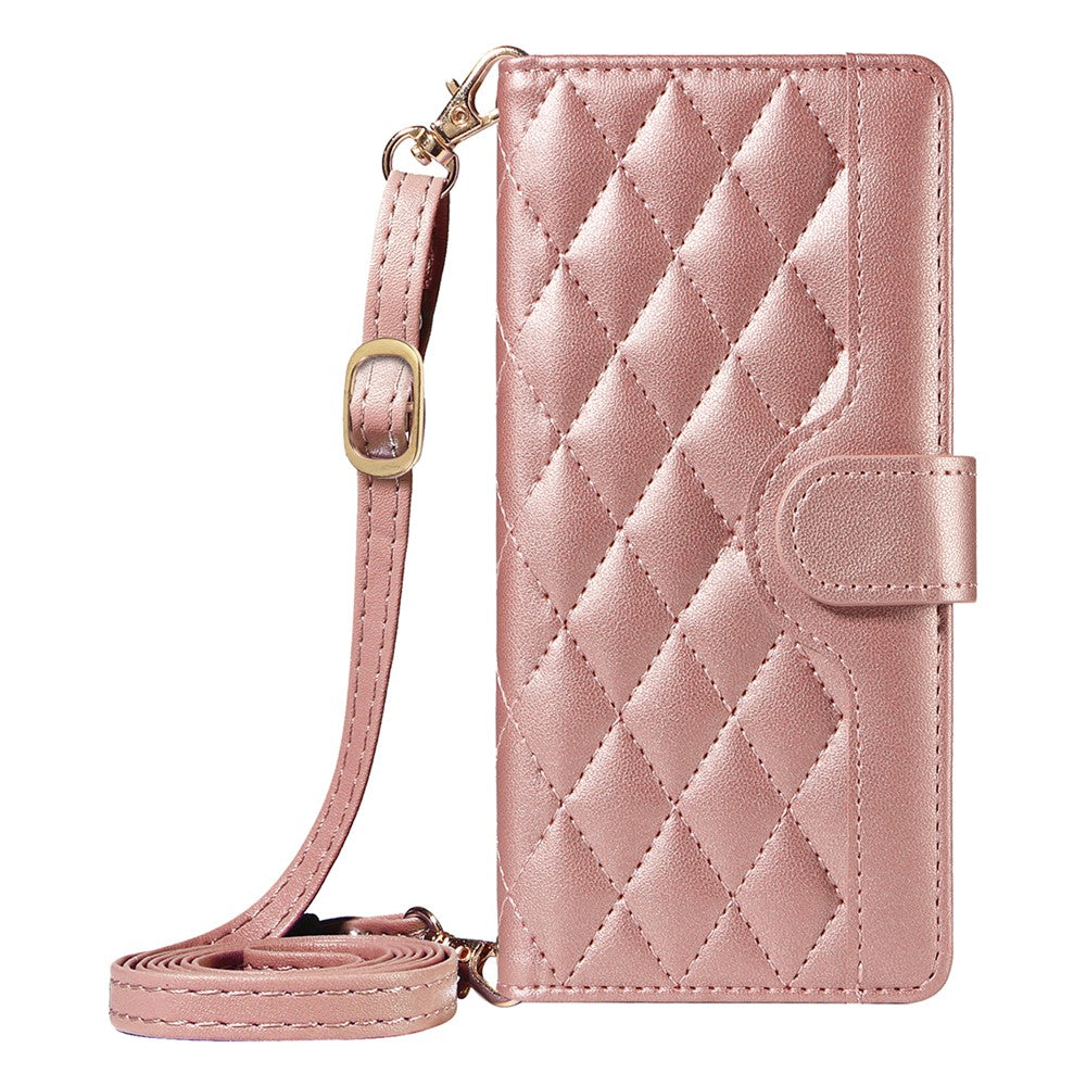 For iPhone 17 Pro Max Wallet Case Rhombus Leather Phone Cover with Strap -  Rose Gold