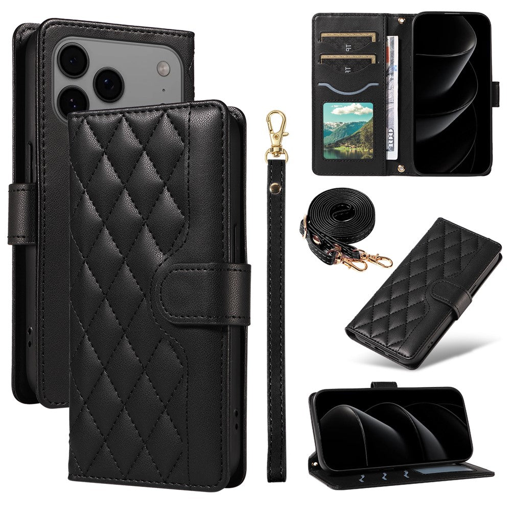 For iPhone 17 Pro Max Wallet Case Rhombus Leather Phone Cover with Strap - Black
