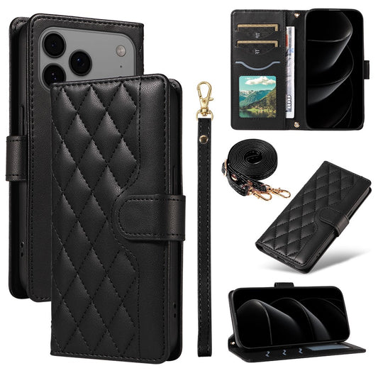 For iPhone 17 Pro Max Wallet Case Rhombus Leather Phone Cover with Strap - Black