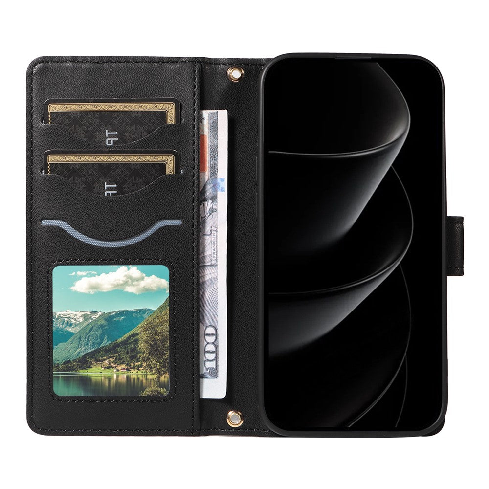 For iPhone 17 Pro Max Wallet Case Rhombus Leather Phone Cover with Strap - Black