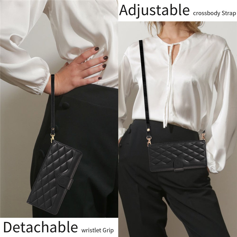 For iPhone 17 Pro Max Wallet Case Rhombus Leather Phone Cover with Strap - Black