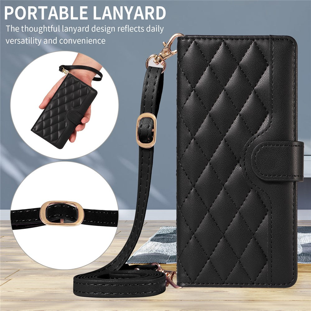 For iPhone 17 Pro Max Wallet Case Rhombus Leather Phone Cover with Strap - Black