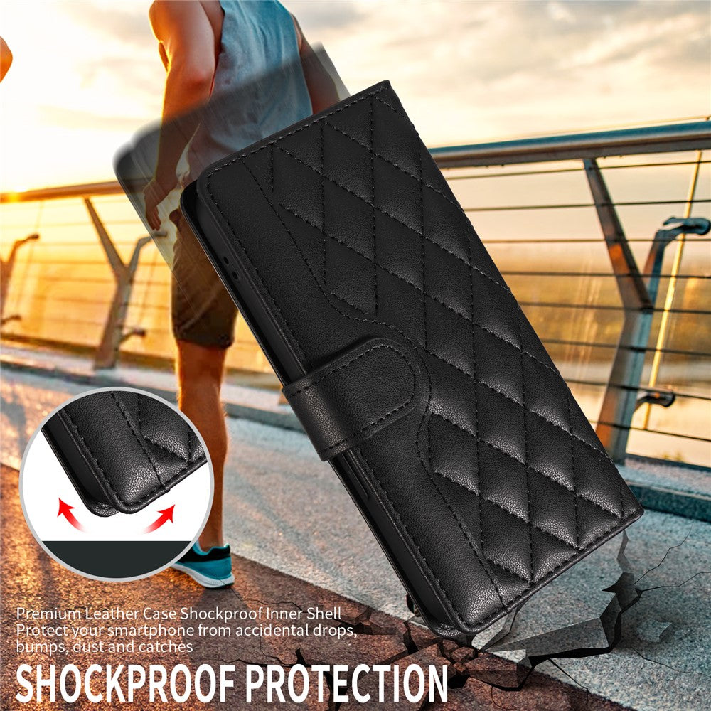 For iPhone 17 Pro Max Wallet Case Rhombus Leather Phone Cover with Strap - Black