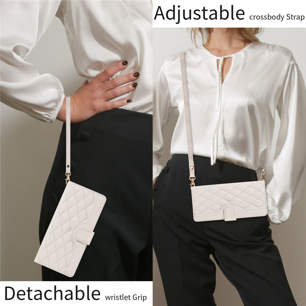 For iPhone 17 Pro Max Wallet Case Rhombus Leather Phone Cover with Strap - White