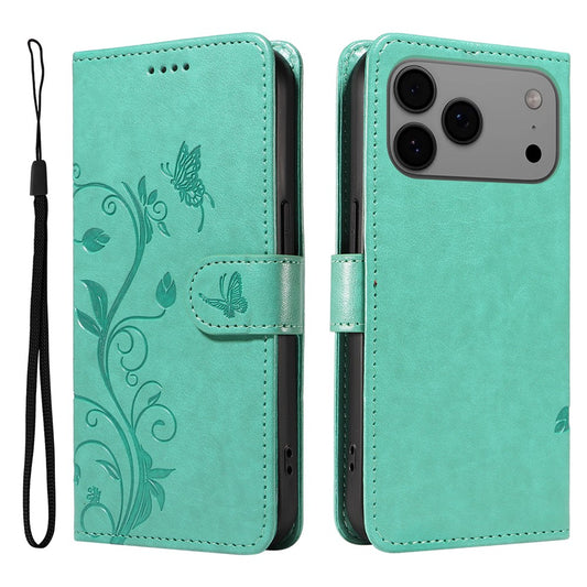 For iPhone 17 Pro Max PU Leather Cases Flower Pattern Wallet Stand Phone Cover with Strap - Green