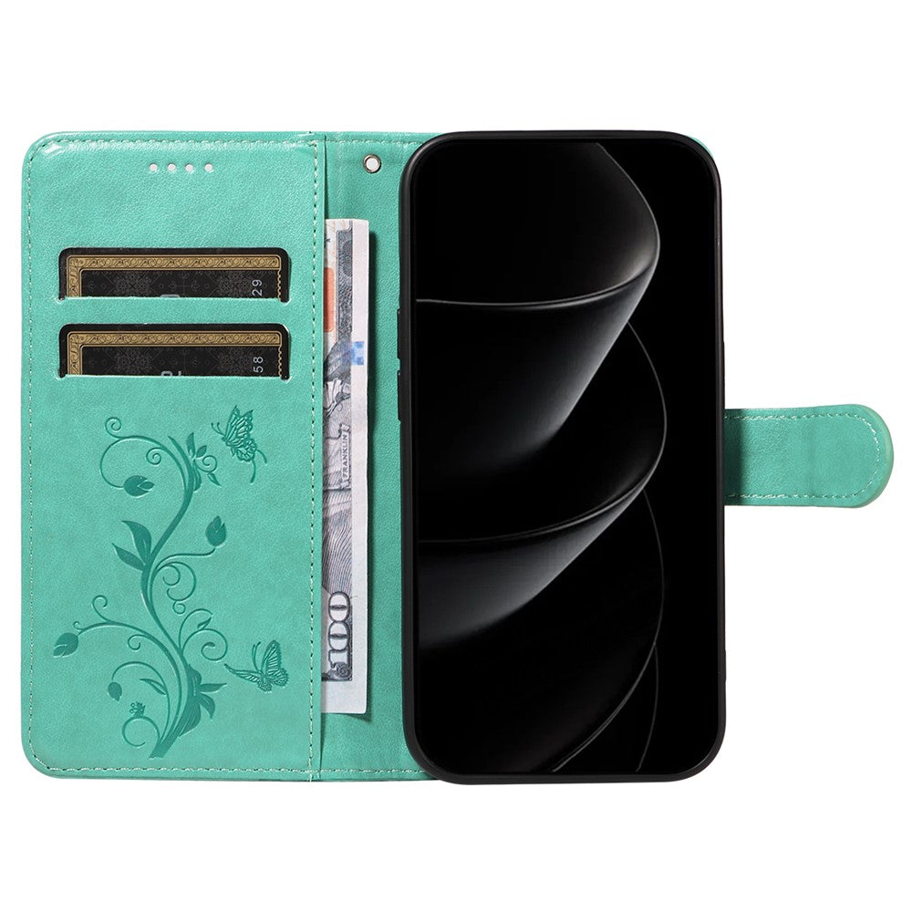 For iPhone 17 Pro Max PU Leather Cases Flower Pattern Wallet Stand Phone Cover with Strap - Green
