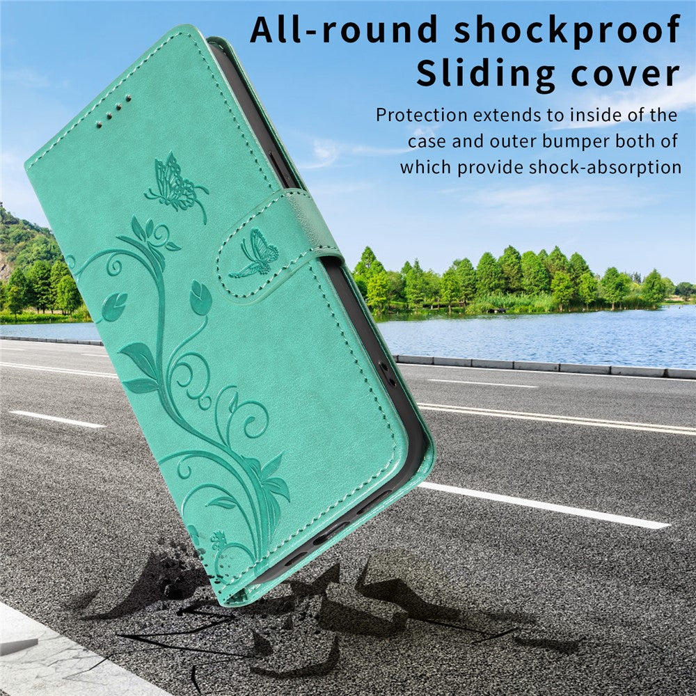 For iPhone 17 Pro Max PU Leather Cases Flower Pattern Wallet Stand Phone Cover with Strap - Green