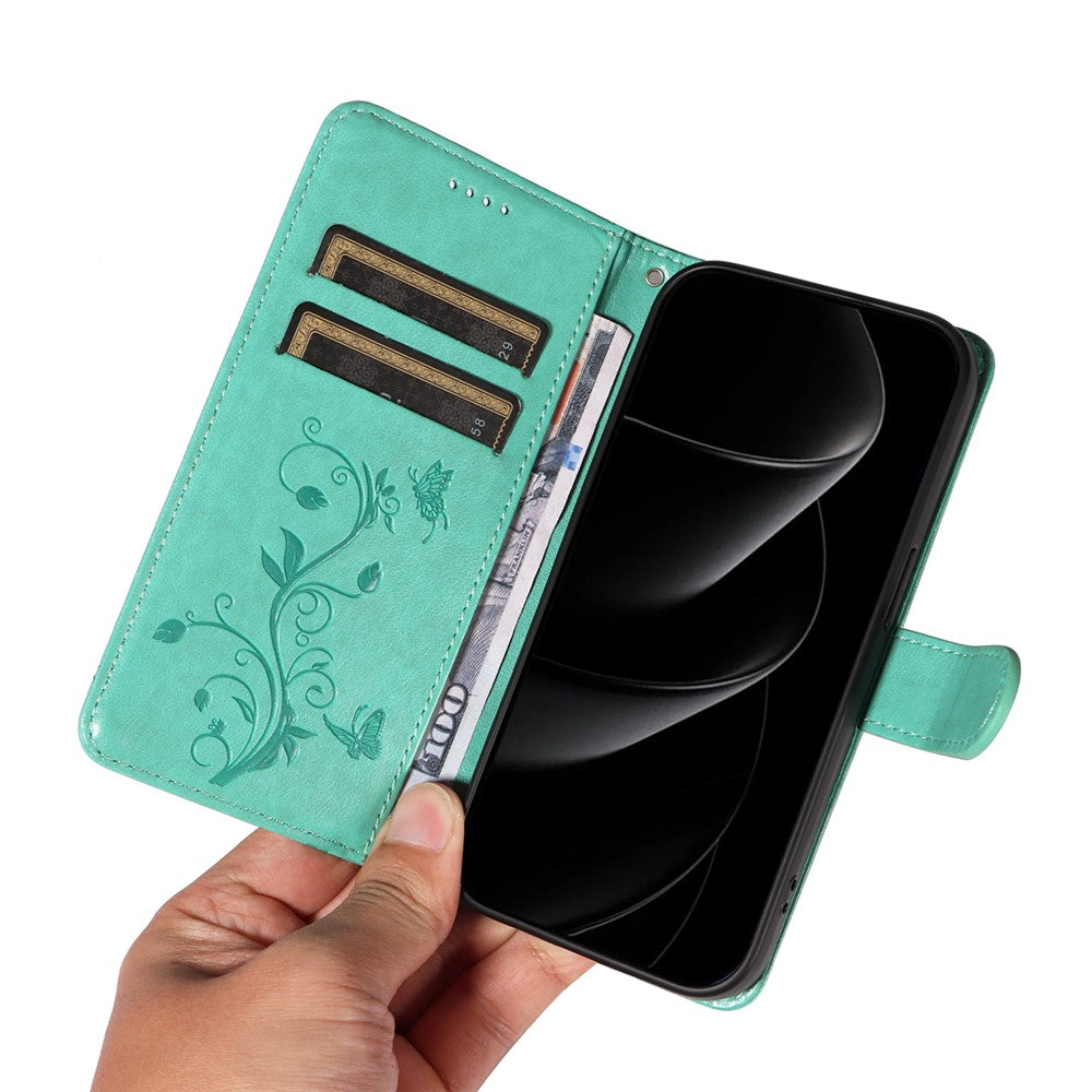 For iPhone 17 Pro Max PU Leather Cases Flower Pattern Wallet Stand Phone Cover with Strap - Green