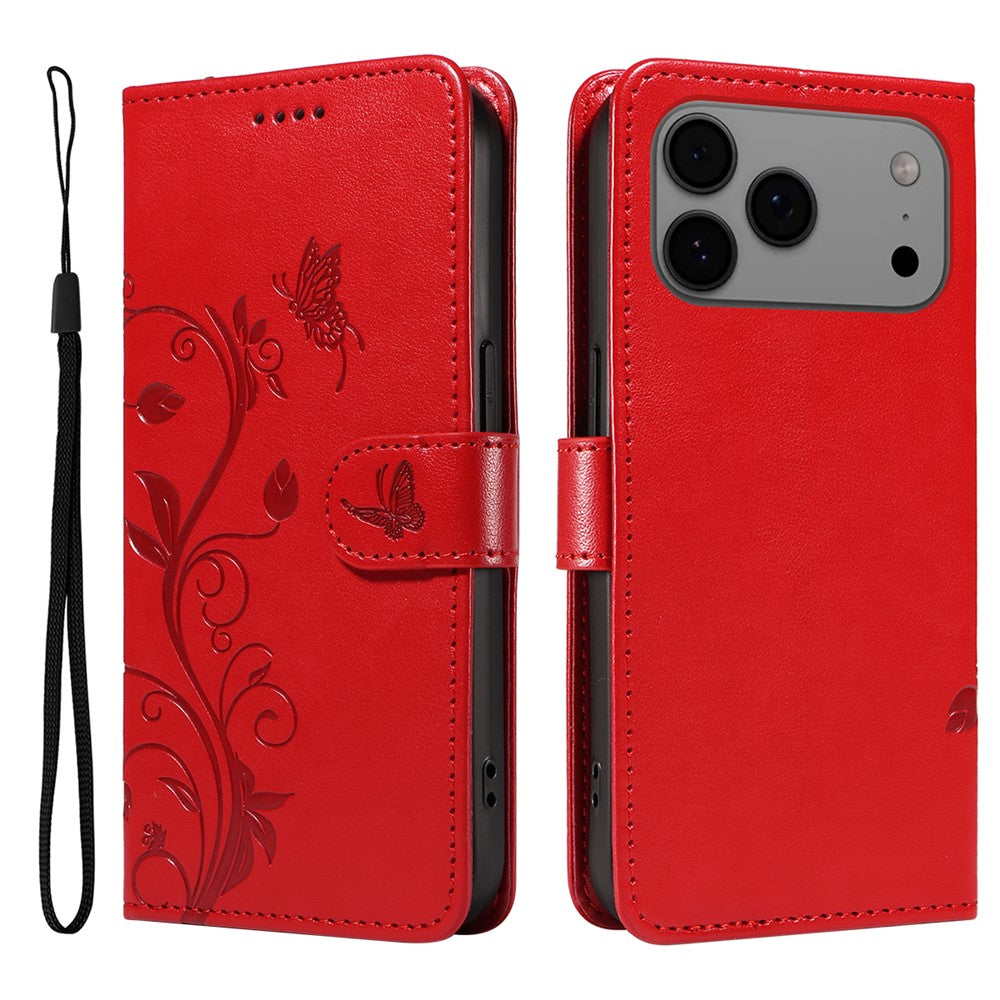 For iPhone 17 Pro Max PU Leather Cases Flower Pattern Wallet Stand Phone Cover with Strap - Red