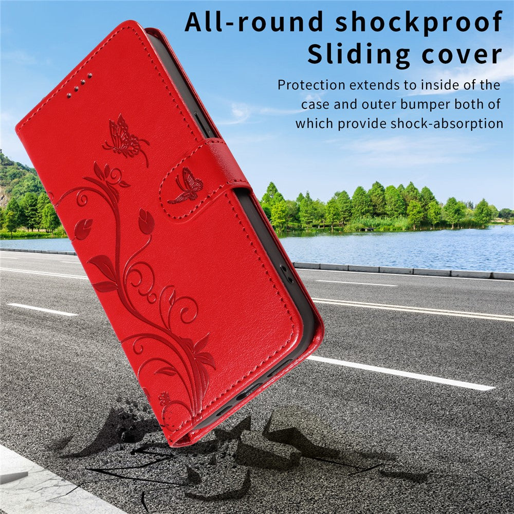 For iPhone 17 Pro Max PU Leather Cases Flower Pattern Wallet Stand Phone Cover with Strap - Red