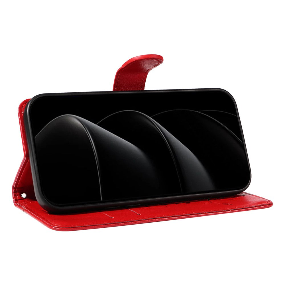 For iPhone 17 Pro Max PU Leather Cases Flower Pattern Wallet Stand Phone Cover with Strap - Red