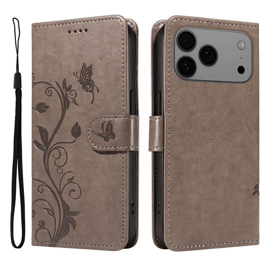 For iPhone 17 Pro Max PU Leather Cases Flower Pattern Wallet Stand Phone Cover with Strap - Grey