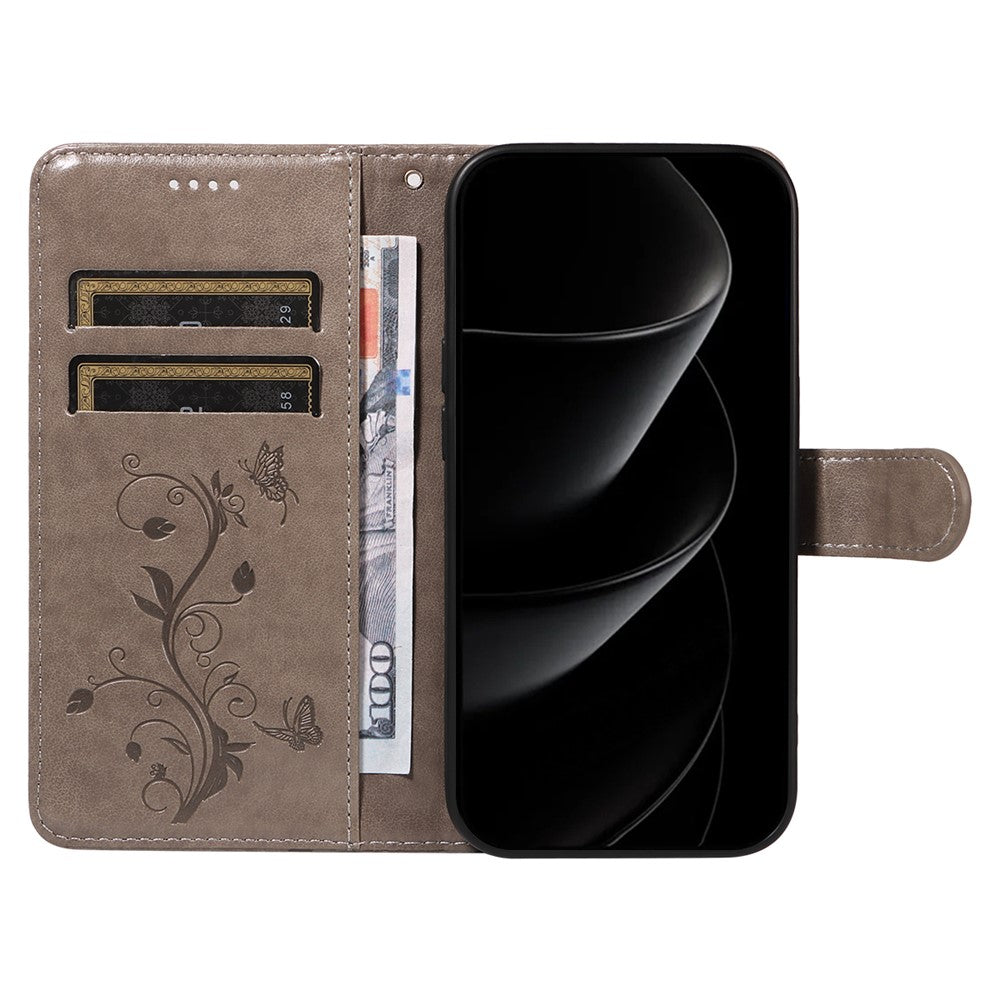 For iPhone 17 Pro Max PU Leather Cases Flower Pattern Wallet Stand Phone Cover with Strap - Grey