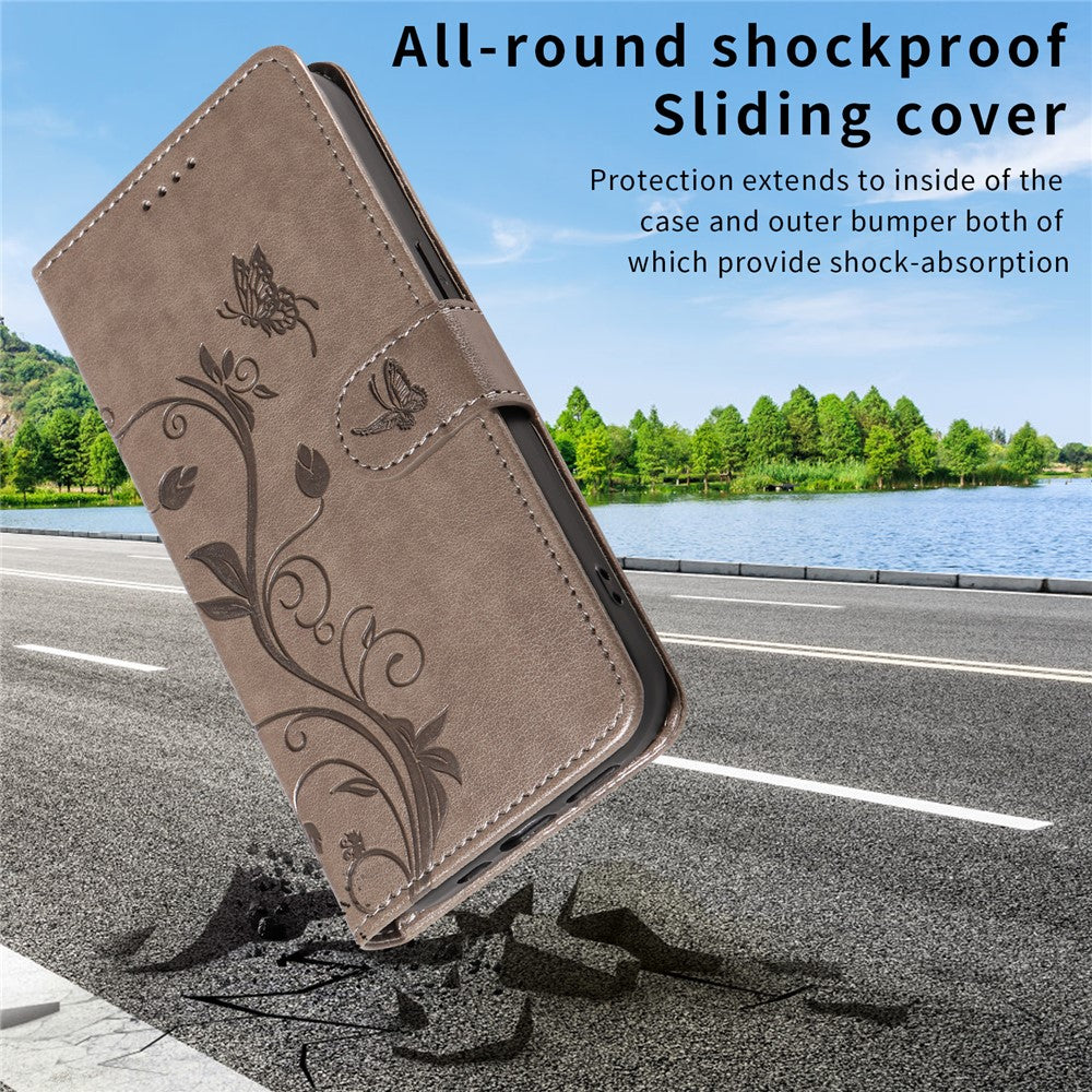 For iPhone 17 Pro Max PU Leather Cases Flower Pattern Wallet Stand Phone Cover with Strap - Grey