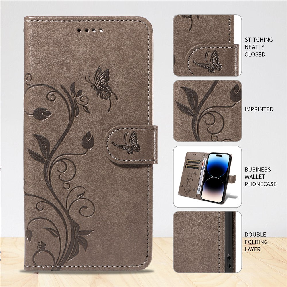 For iPhone 17 Pro Max PU Leather Cases Flower Pattern Wallet Stand Phone Cover with Strap - Grey