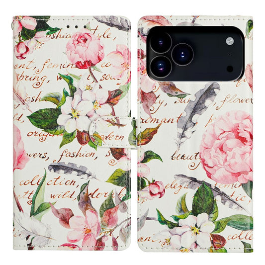 For iPhone 17 Pro Max Case Pattern Printing Wallet Stand Flip Leather Phone Cover with Strap - Green Leaves Flowers