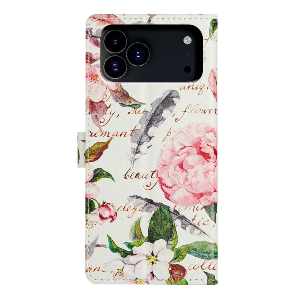 For iPhone 17 Pro Max Case Pattern Printing Wallet Stand Flip Leather Phone Cover with Strap - Green Leaves Flowers
