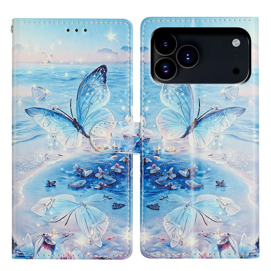 For iPhone 17 Pro Max Case Pattern Printing Wallet Stand Flip Leather Phone Cover with Strap - Ocean Butterfly
