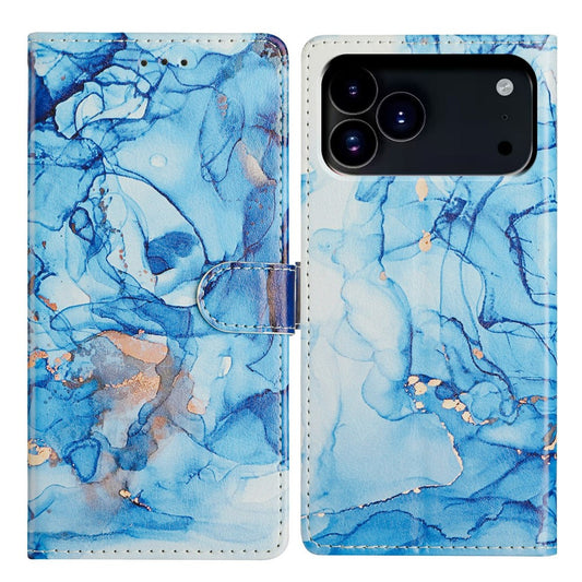 For iPhone 17 Pro Max Case Pattern Printing Wallet Stand Flip Leather Phone Cover with Strap - Blue Marble