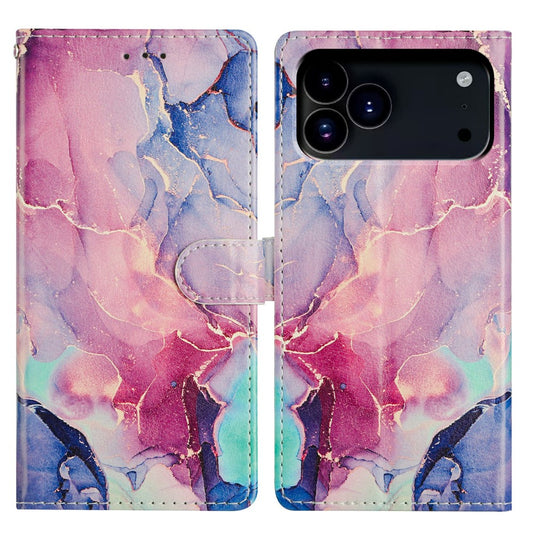 For iPhone 17 Pro Max Case Pattern Printing Wallet Stand Flip Leather Phone Cover with Strap - Green Pink Marble