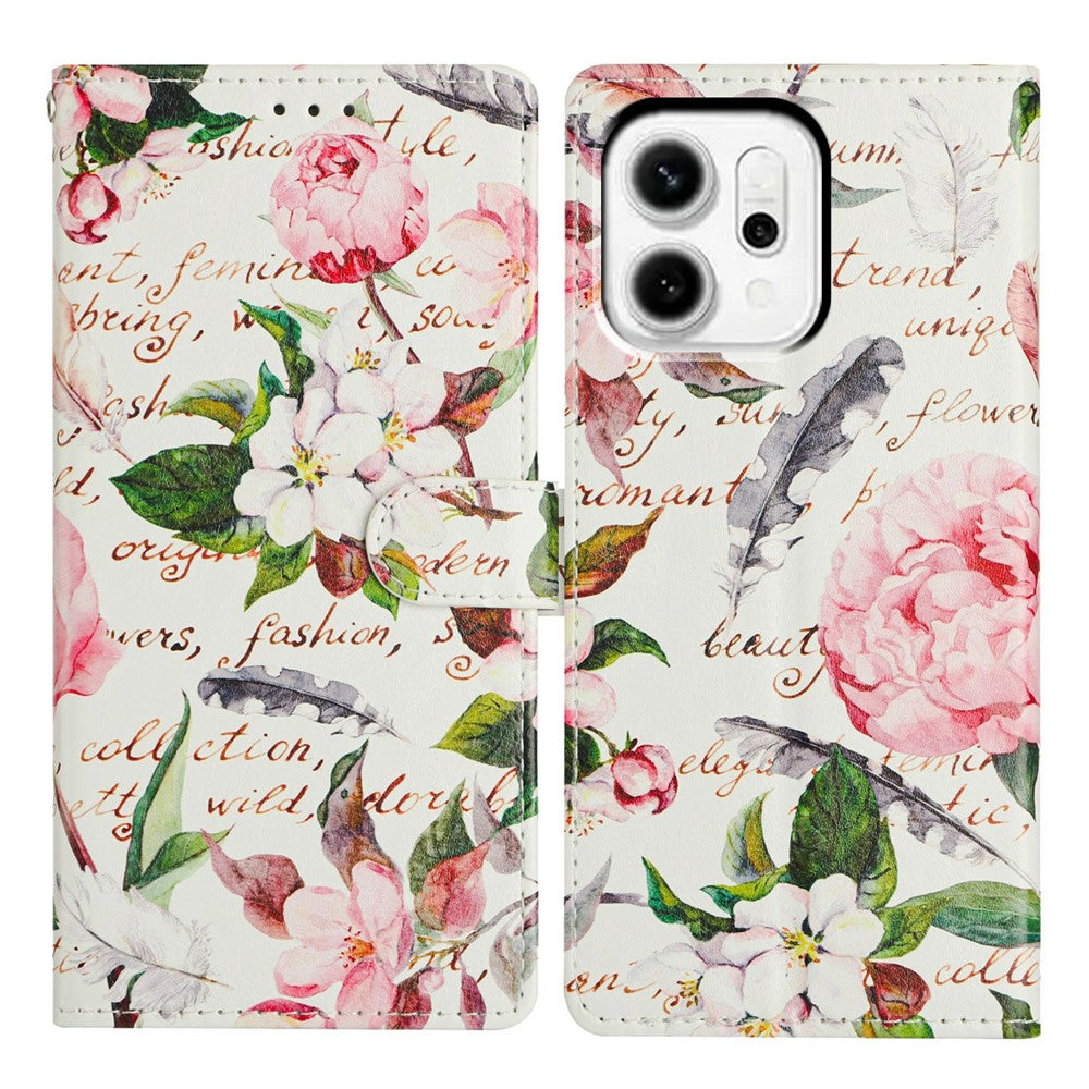 For Oppo Reno14 5G (Global) Case Pattern Printing Wallet Stand Flip Leather Phone Cover with Strap - Green Leaves Flowers