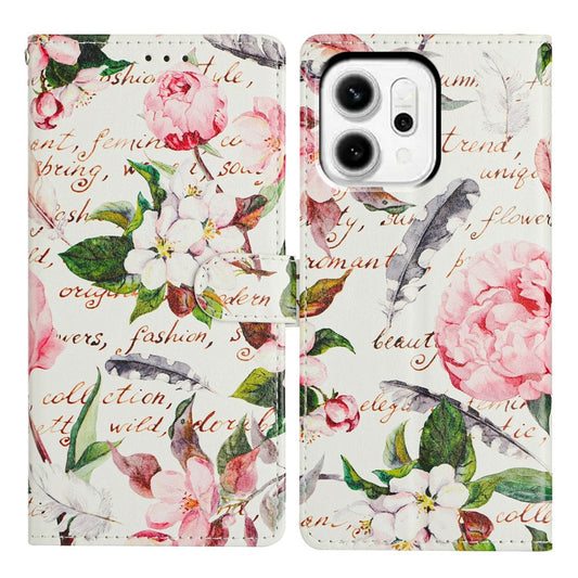 For Oppo Reno14 5G (Global) Case Pattern Printing Wallet Stand Flip Leather Phone Cover with Strap - Green Leaves Flowers