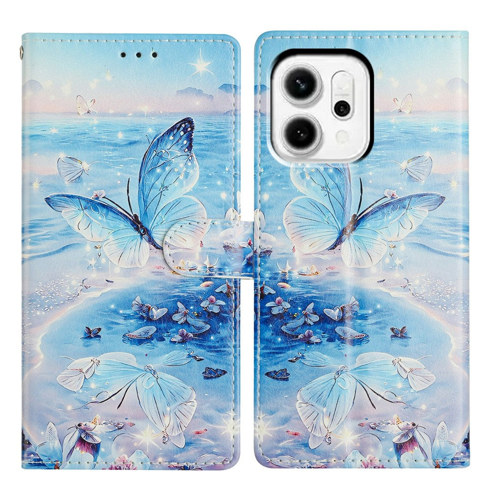 For Oppo Reno14 5G (Global) Case Pattern Printing Wallet Stand Flip Leather Phone Cover with Strap - Ocean Butterfly