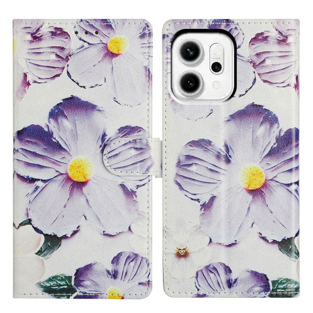 For Oppo Reno14 5G (Global) Case Pattern Printing Wallet Stand Flip Leather Phone Cover with Strap - Purple Flower