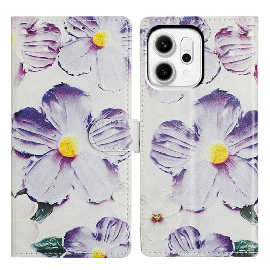 For Oppo Reno14 5G (Global) Case Pattern Printing Wallet Stand Flip Leather Phone Cover with Strap - Purple Flower