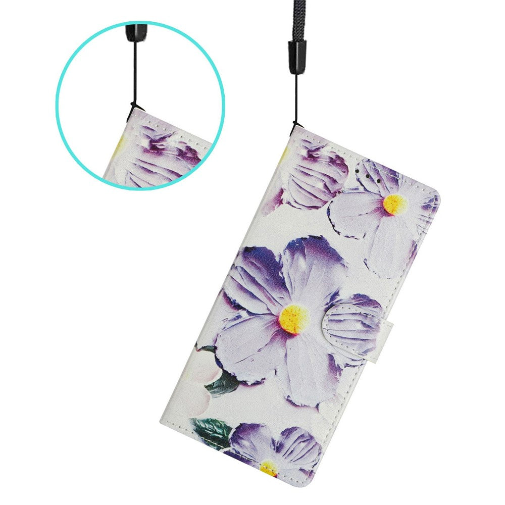 For Oppo Reno14 5G (Global) Case Pattern Printing Wallet Stand Flip Leather Phone Cover with Strap - Purple Flower