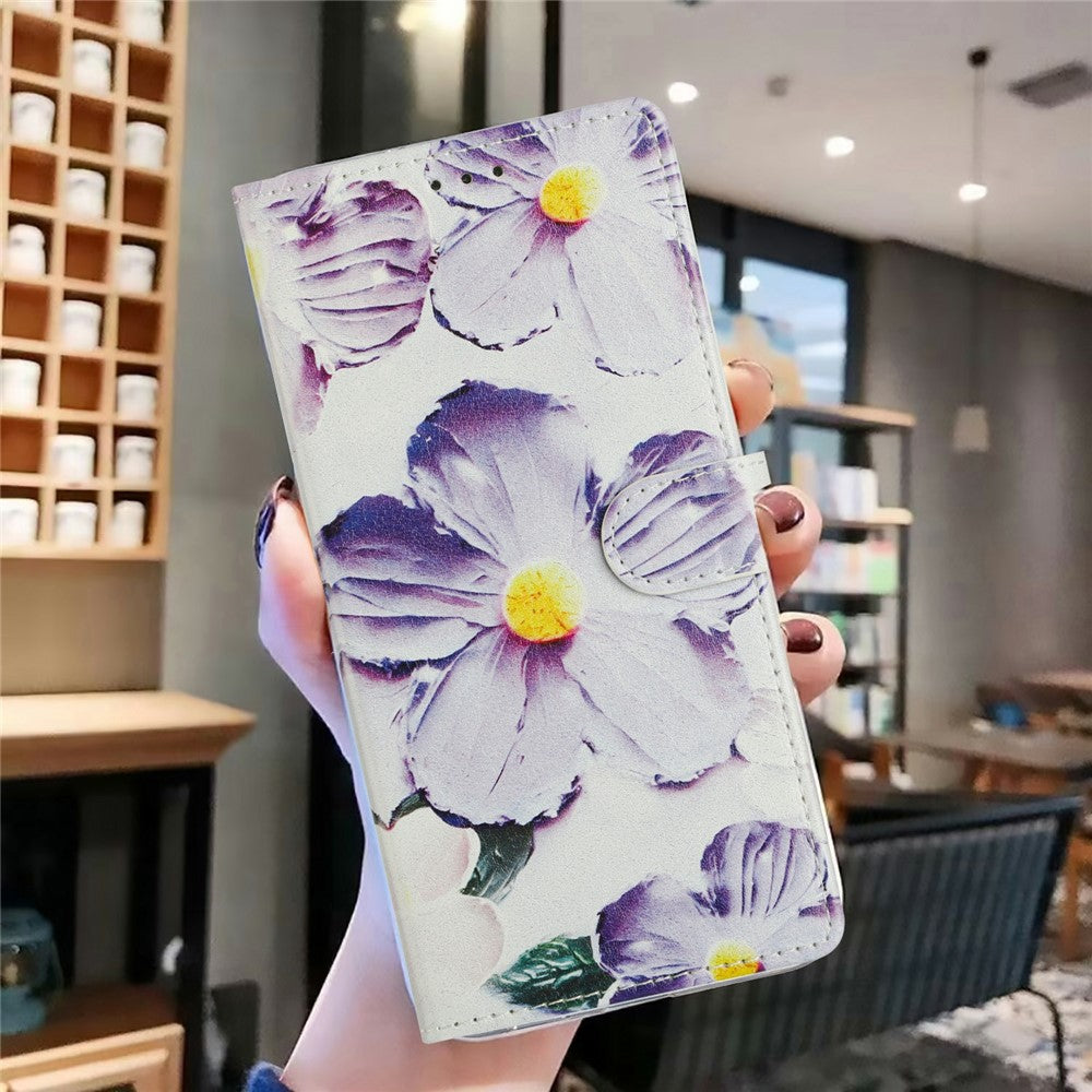 For Oppo Reno14 5G (Global) Case Pattern Printing Wallet Stand Flip Leather Phone Cover with Strap - Purple Flower