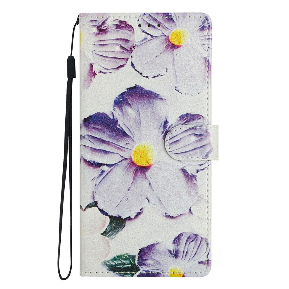 For Oppo Reno14 5G (Global) Case Pattern Printing Wallet Stand Flip Leather Phone Cover with Strap - Purple Flower