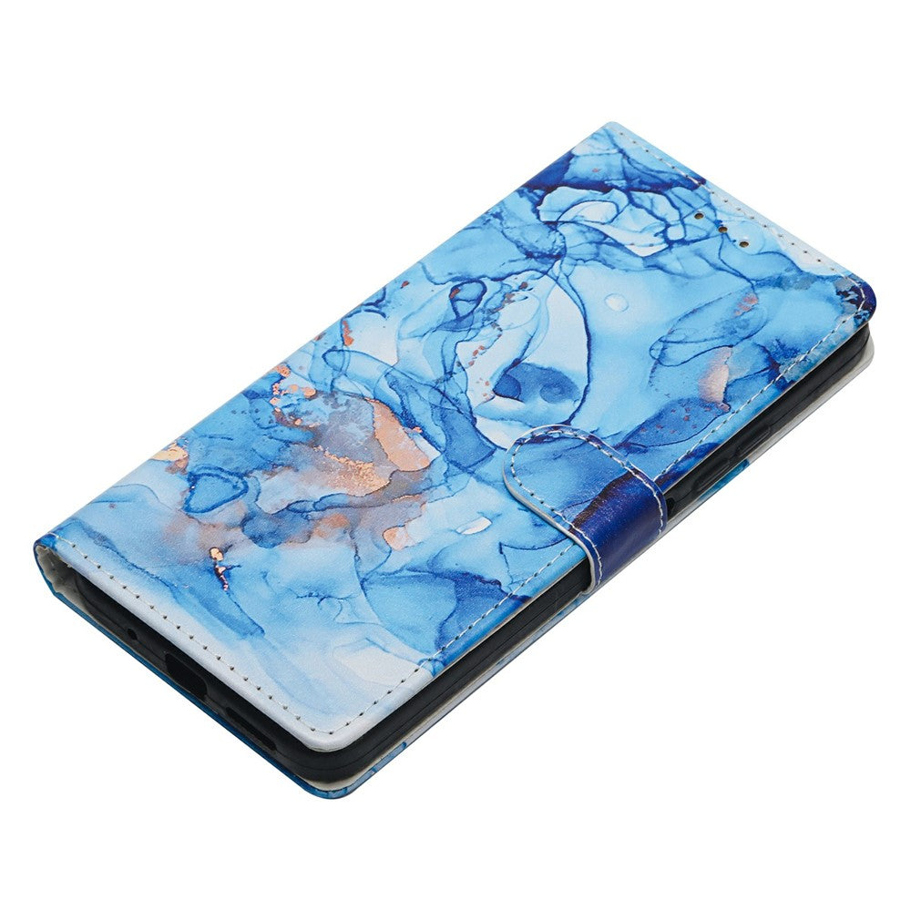 For Oppo Reno14 5G (Global) Case Pattern Printing Wallet Stand Flip Leather Phone Cover with Strap - Blue Marble
